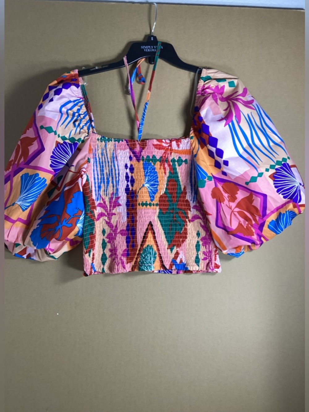 Simply Vera Vera Wang Pink Multi-Color Printed Puff Sleeve Crop Top - Picture 2 of 9